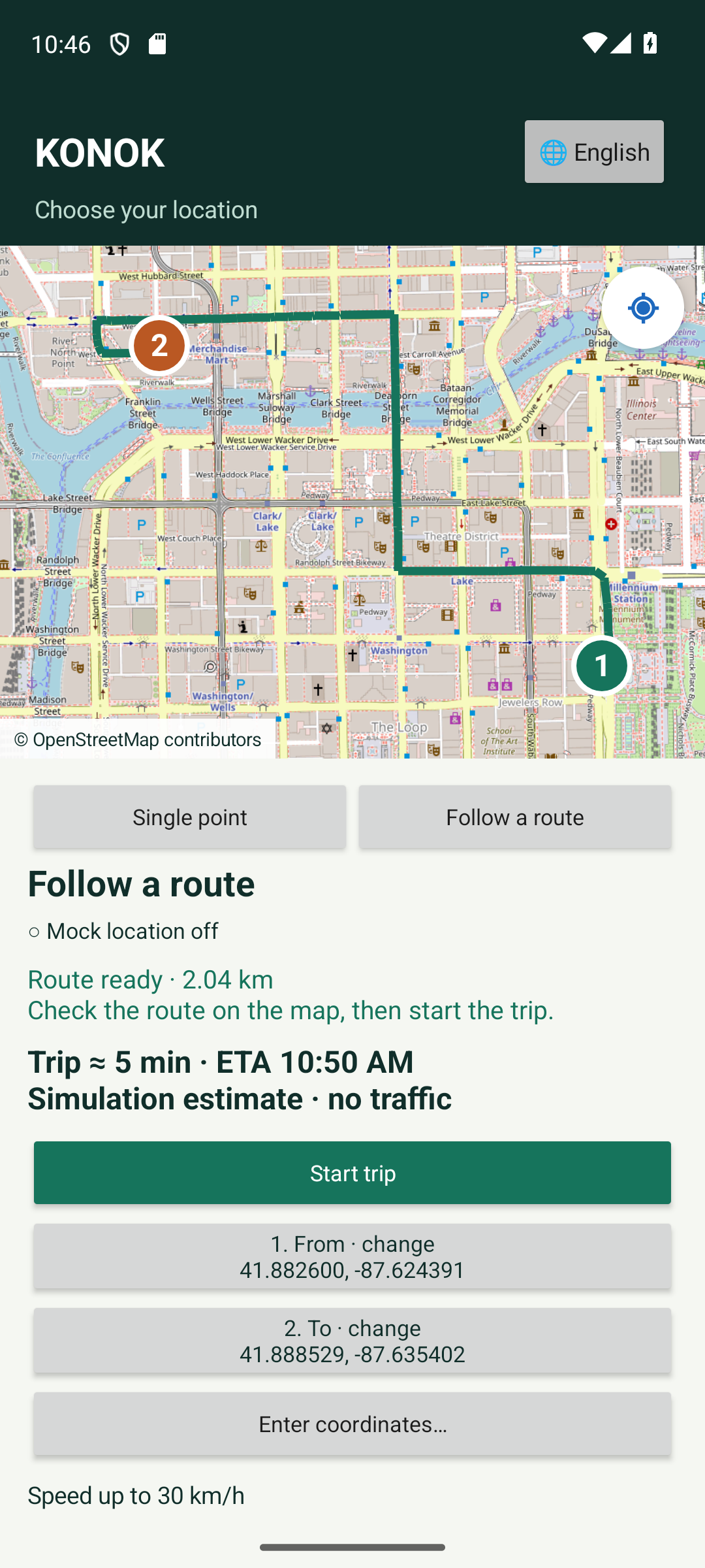 Konok route simulation screen