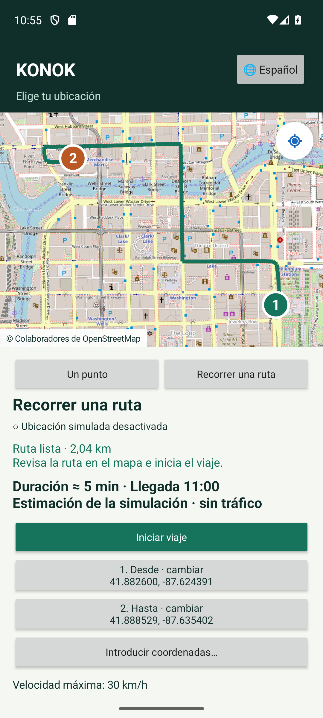 Pantalla de simulación de rutas de Konok